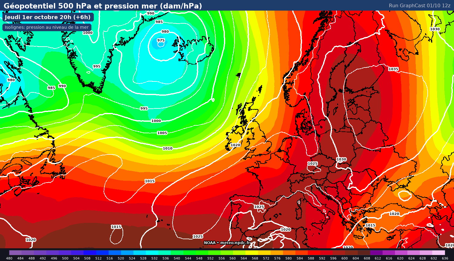 Carte de prévision météo du modèle GraphCast Operational (0.25°) - Température, précipitations, vent - CIRA / NOAA