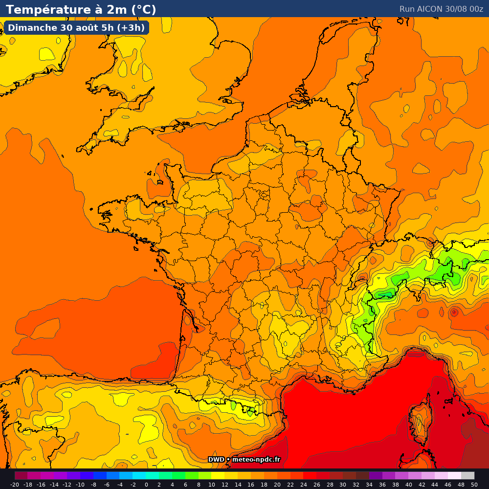 Carte de prévision météo du modèle AICON (13 km) - Température, précipitations, vent - DWD