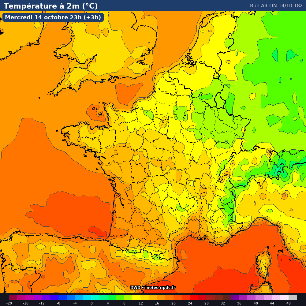 Carte de prévision météo du modèle AICON (13 km) - Température, précipitations, vent - DWD