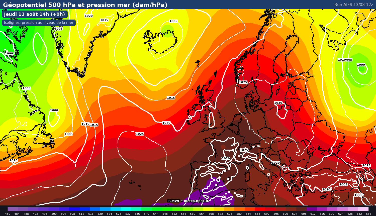 Carte de prévision météo du modèle ECMWF AIFS (0.25°) - Température, précipitations, vent - ECMWF