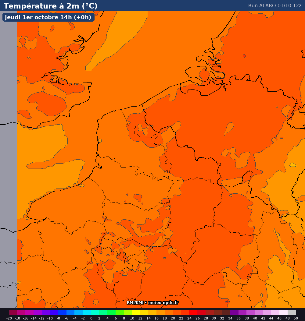 Carte de prévision météo du modèle ALARO (4 km) - Température, précipitations, vent - IRM