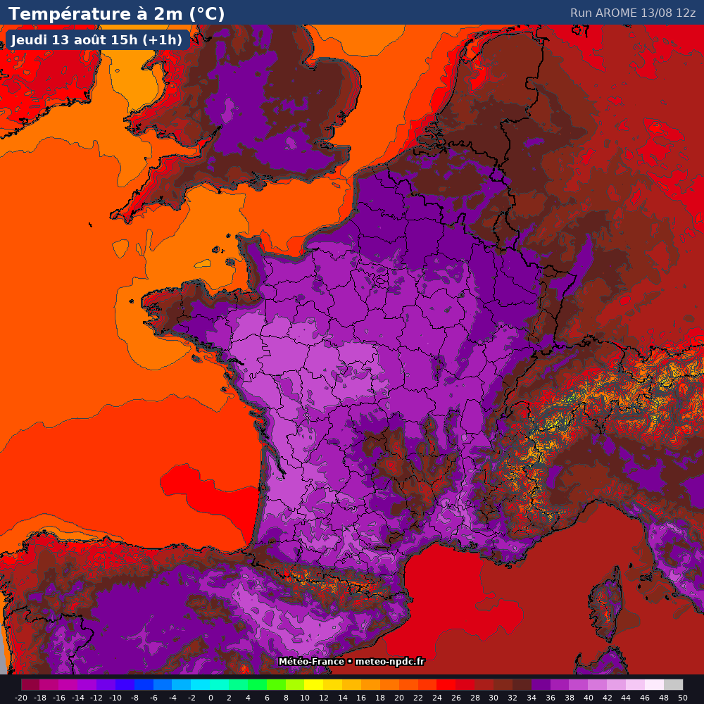 Carte de prévision météo du modèle AROME (1.3 km) - Température, précipitations, vent - Météo-France