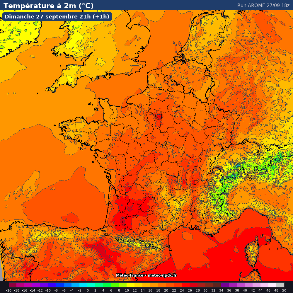 Carte de prévision météo du modèle AROME (1.3 km) - Température, précipitations, vent - Météo-France