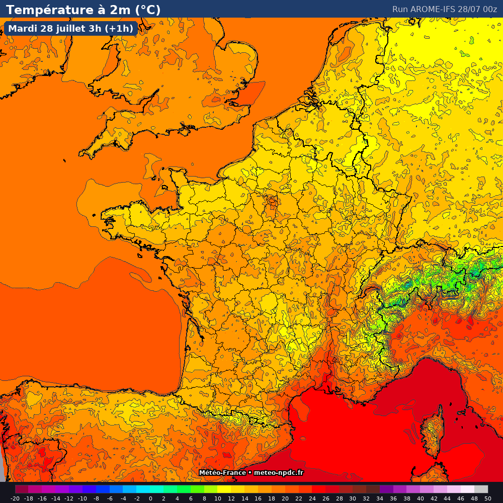Carte de prévision météo du modèle AROME IFS (2.5 km) - Température, précipitations, vent - Météo-France
