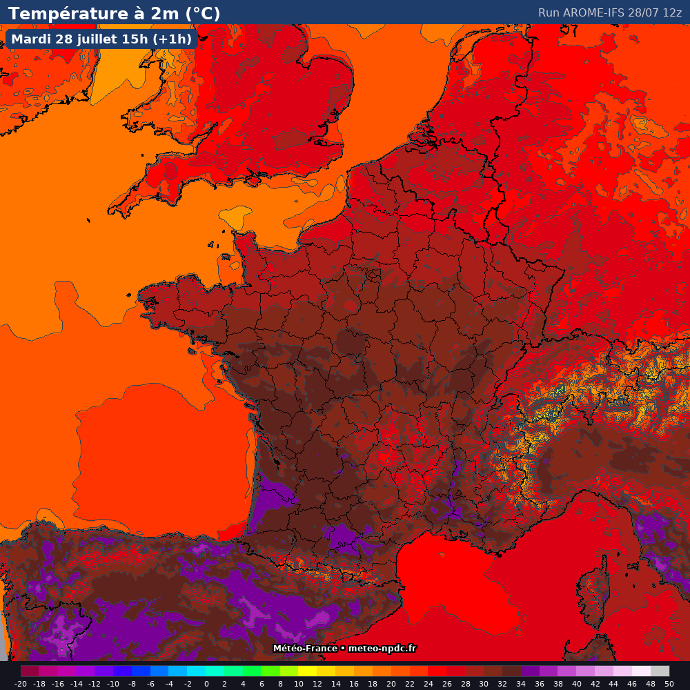 Carte de prévision météo du modèle AROME IFS (2.5 km) - Température, précipitations, vent - Météo-France