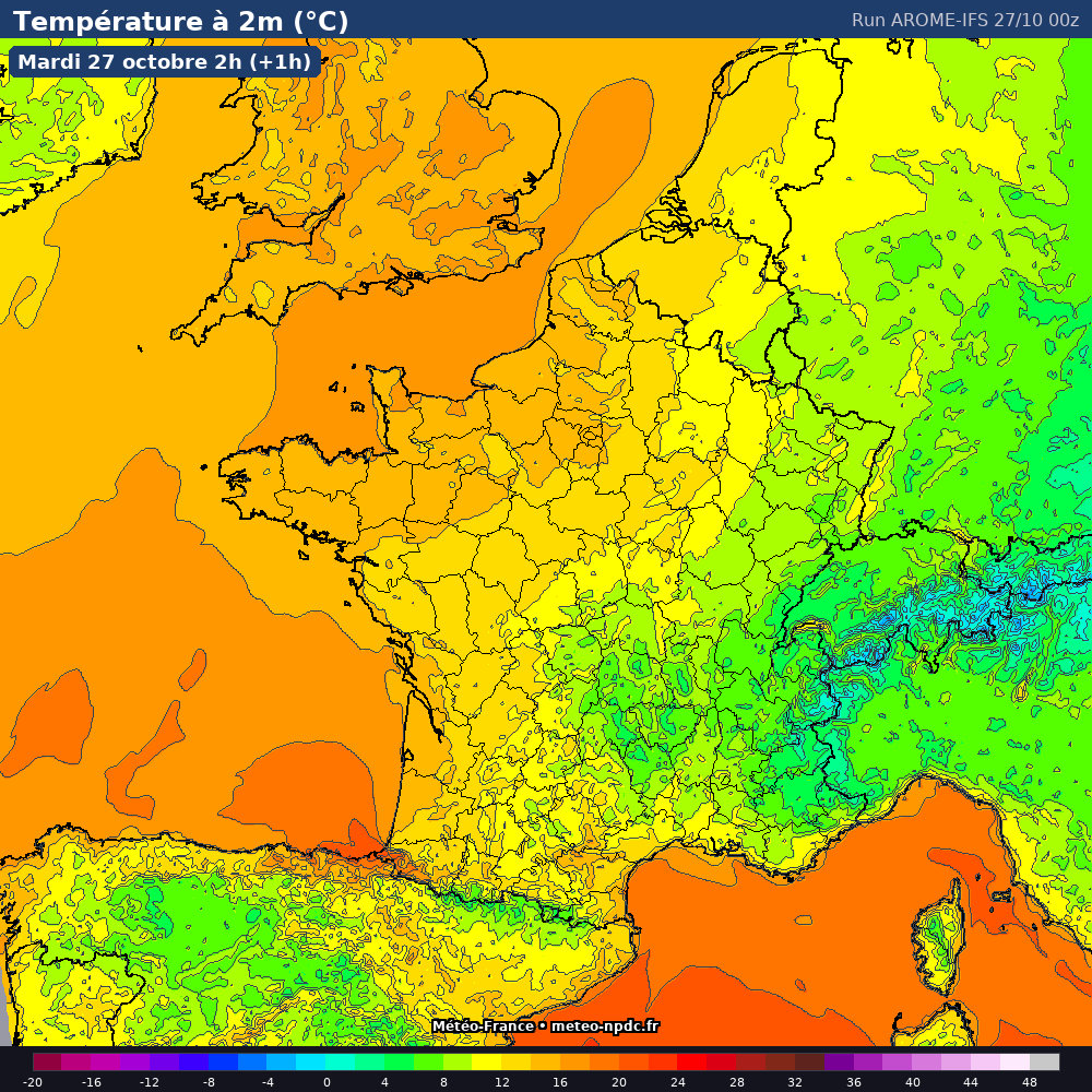 Carte de prévision météo du modèle AROME IFS (2.5 km) - Température, précipitations, vent - Météo-France
