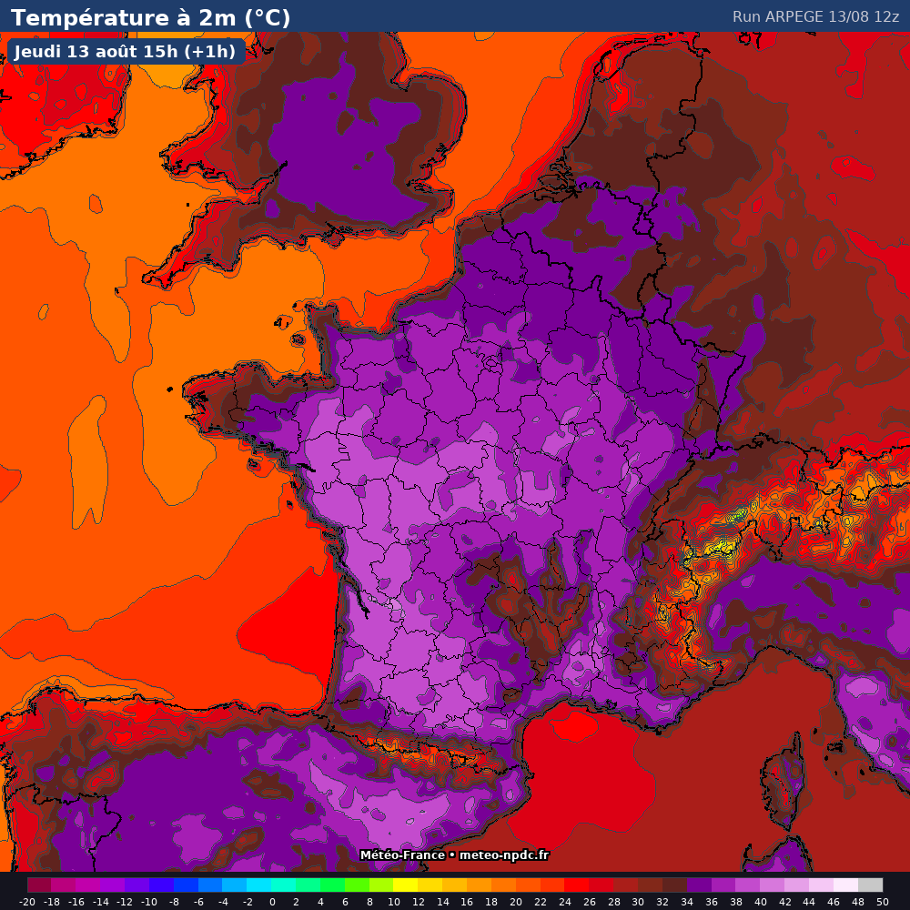 Carte de prévision météo du modèle ARPEGE (10 km) - Température, précipitations, vent - Météo-France