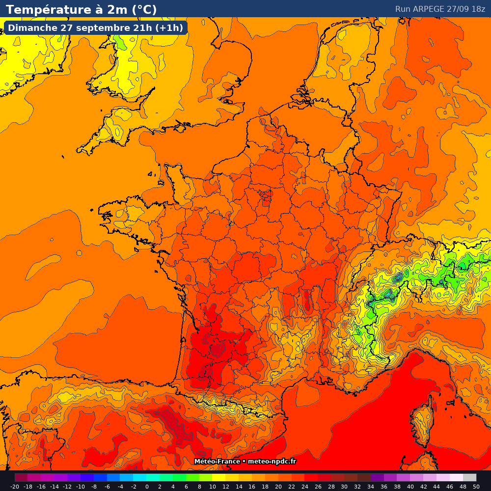Carte de prévision météo du modèle ARPEGE (10 km) - Température, précipitations, vent - Météo-France