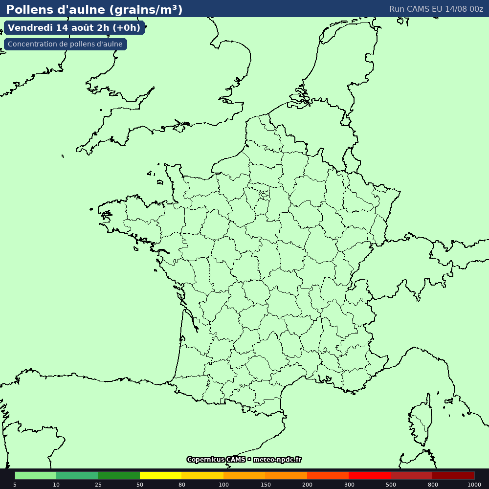 Carte de prévision météo du modèle CAMS Europe (10 km) - Température, précipitations, vent - Copernicus