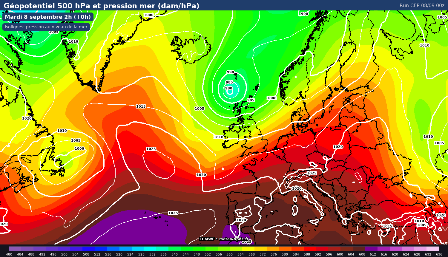 Carte de prévision météo du modèle ECMWF IFS (0.25°) - Température, précipitations, vent - ECMWF