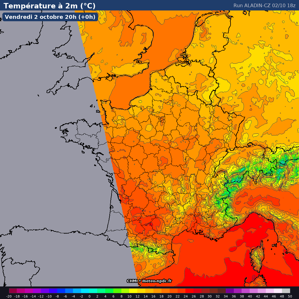 Carte de prévision météo du modèle ALADIN CHMI (2.8 km) - Température, précipitations, vent - CHMI