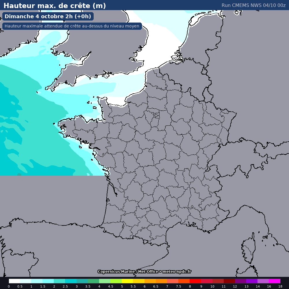 Carte de prévision météo du modèle CMEMS NWS (1.5 km) - Température, précipitations, vent - Copernicus Marine