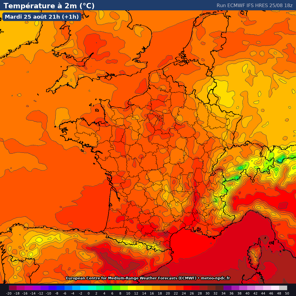 Carte de prévision météo du modèle ECMWF IFS HRES (9 km) - Température, précipitations, vent - ECMWF