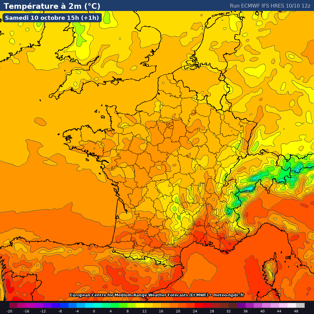 Carte de prévision météo du modèle ECMWF IFS HRES (9 km) - Température, précipitations, vent - ECMWF