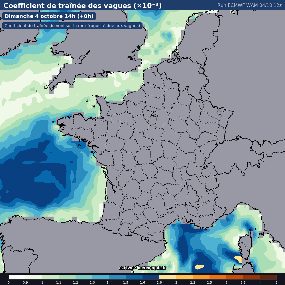 Carte de prévision météo du modèle ECMWF WAM (0.25°) - Température, précipitations, vent - ECMWF