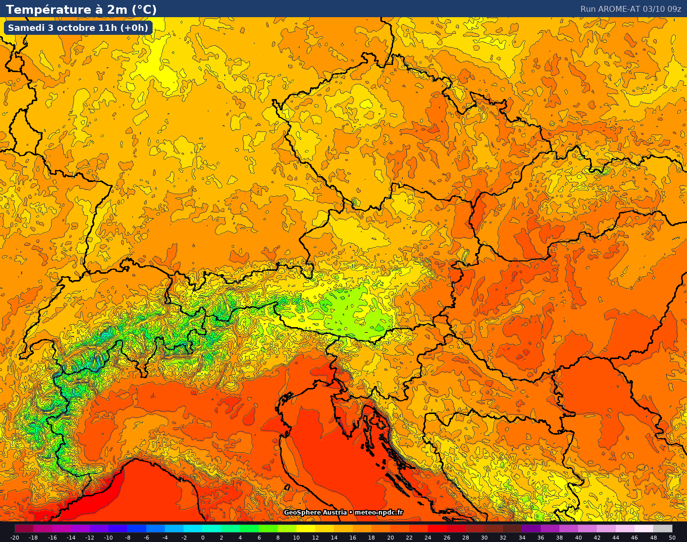 Carte de prévision météo du modèle Geosphere AROME (2.5 km) - Température, précipitations, vent - GeoSphere Austria