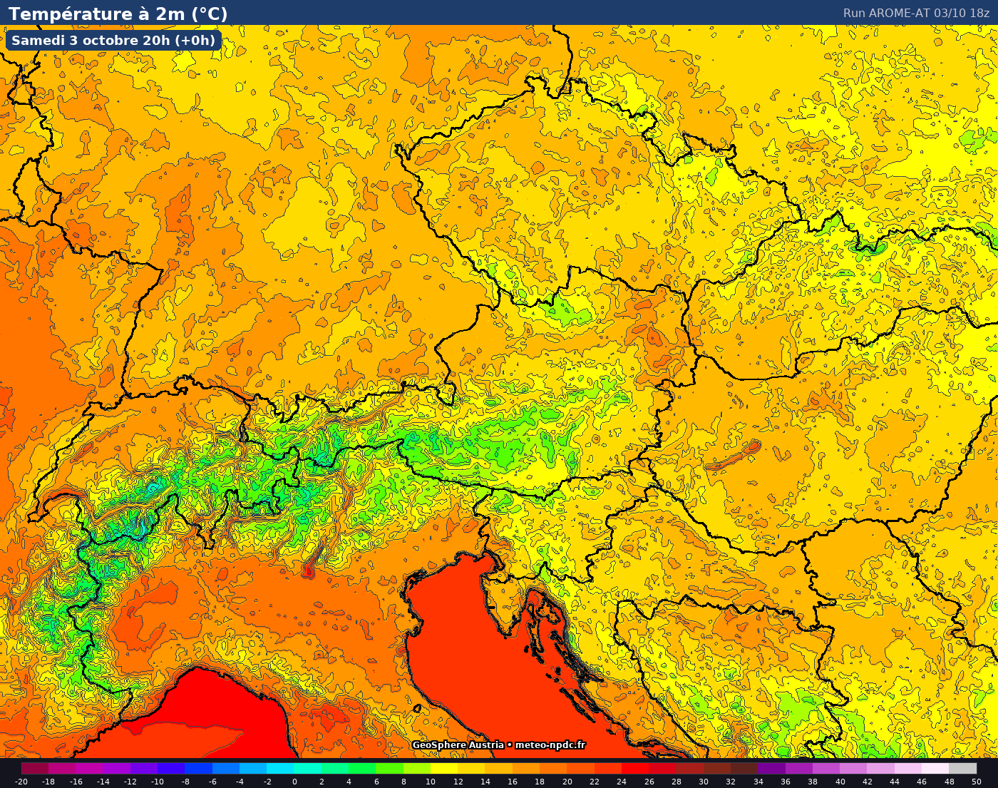 Carte de prévision météo du modèle Geosphere AROME (2.5 km) - Température, précipitations, vent - GeoSphere Austria