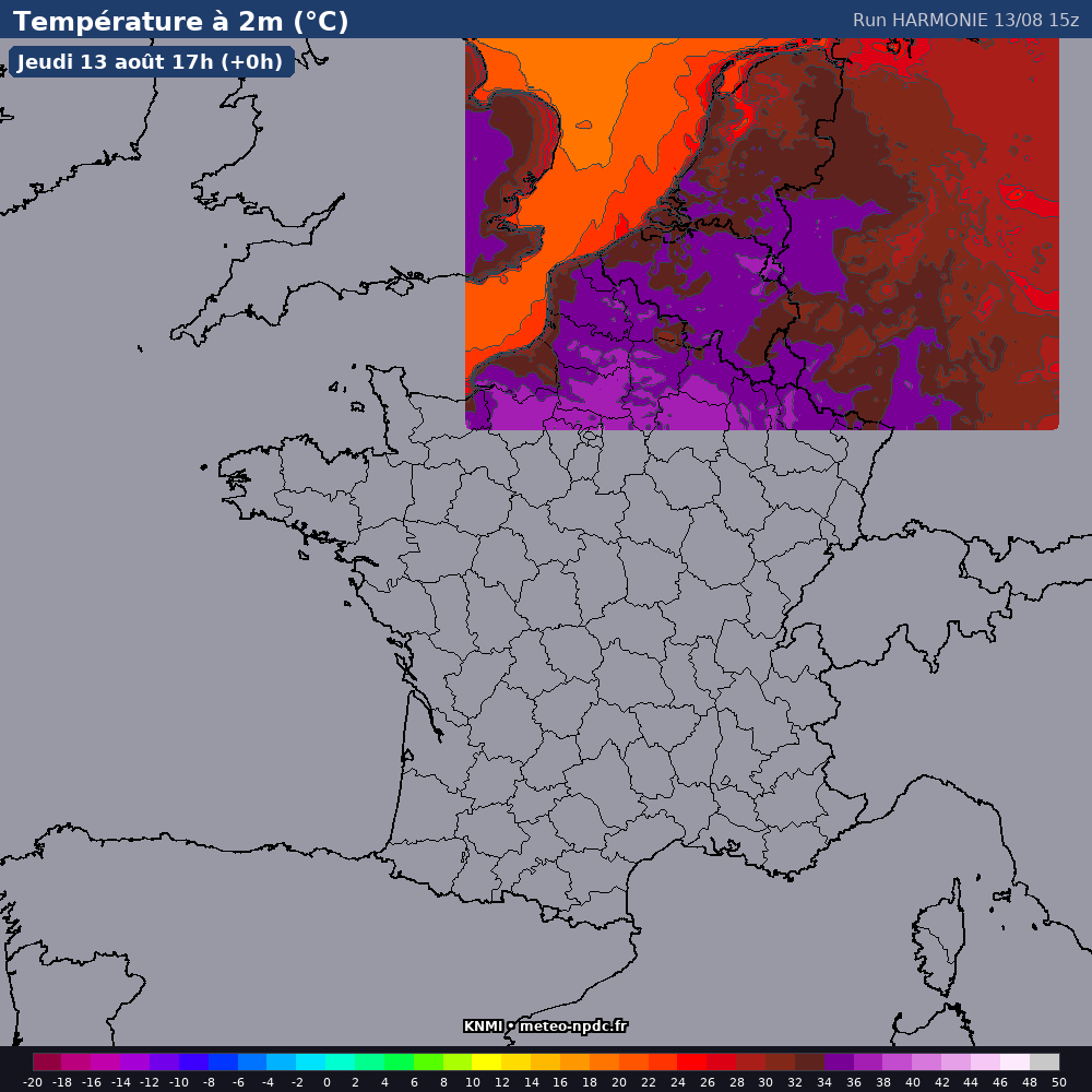 Carte de prévision météo du modèle HARMONIE (2 km) - Température, précipitations, vent - KNMI
