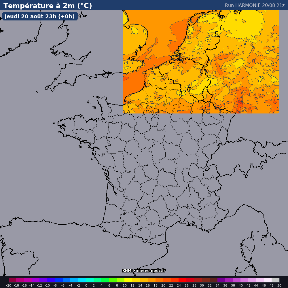 Carte de prévision météo du modèle HARMONIE (2 km) - Température, précipitations, vent - KNMI