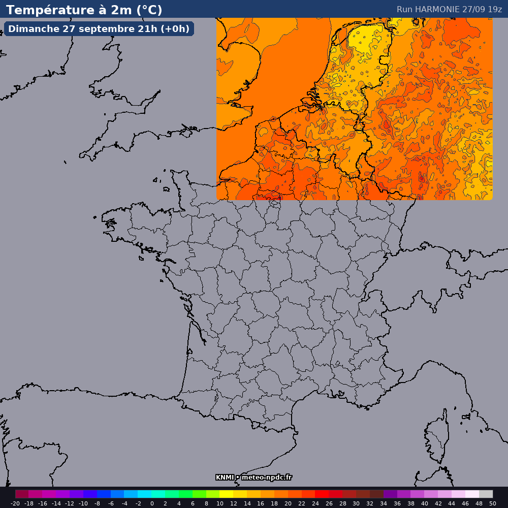Carte de prévision météo du modèle HARMONIE (2 km) - Température, précipitations, vent - KNMI