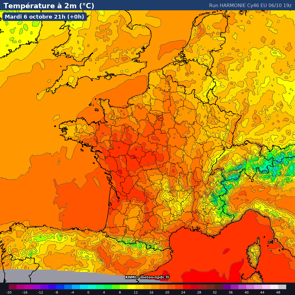 Carte de prévision météo du modèle HARMONIE KNMI CY46 (5 km) - Température, précipitations, vent - KNMI