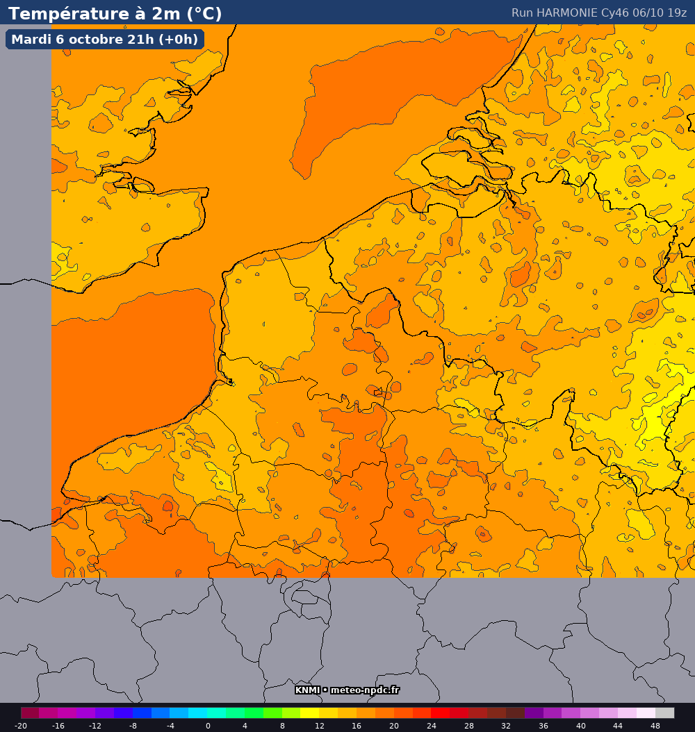 Carte de prévision météo du modèle HARMONIE KNMI CY46 (2 km) - Température, précipitations, vent - KNMI
