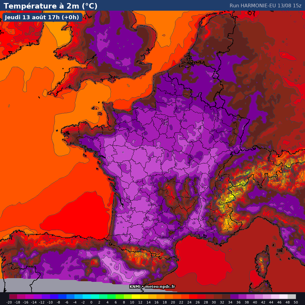 Carte de prévision météo du modèle HARMONIE (5 km) - Température, précipitations, vent - KNMI
