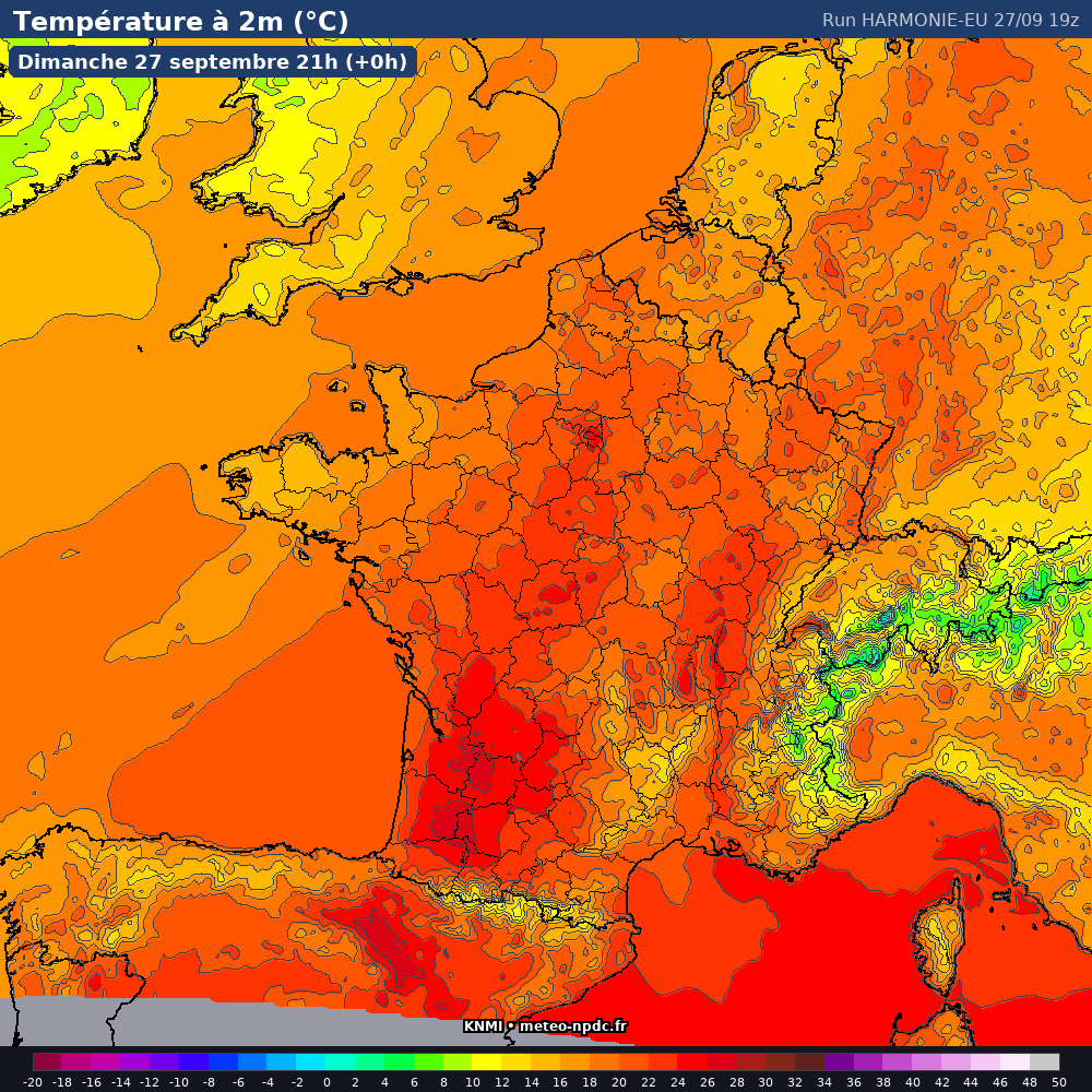 Carte de prévision météo du modèle HARMONIE (5 km) - Température, précipitations, vent - KNMI