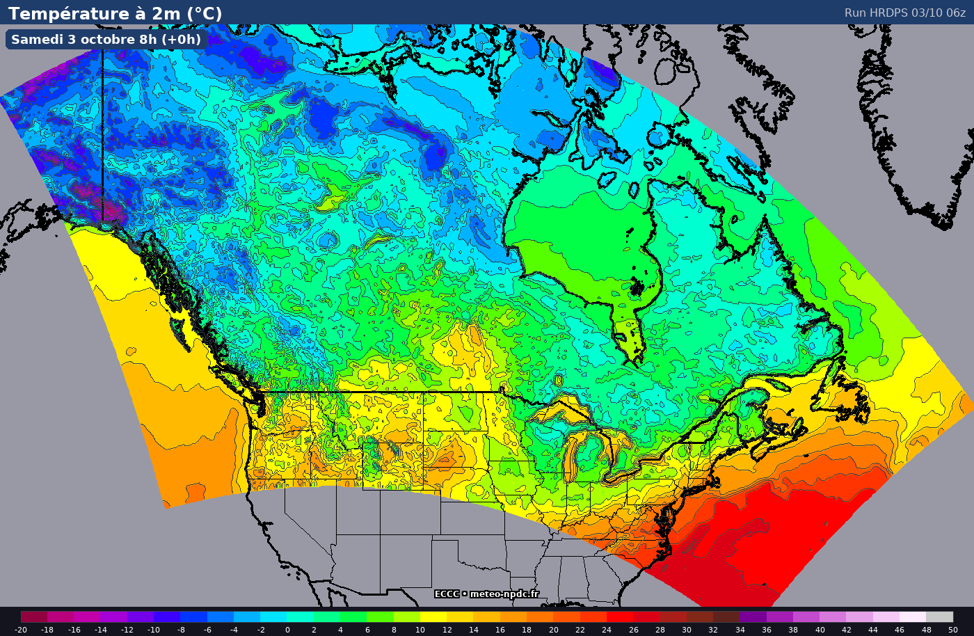 Carte de prévision météo du modèle HRDPS (2.5 km) - Température, précipitations, vent - Environnement Canada