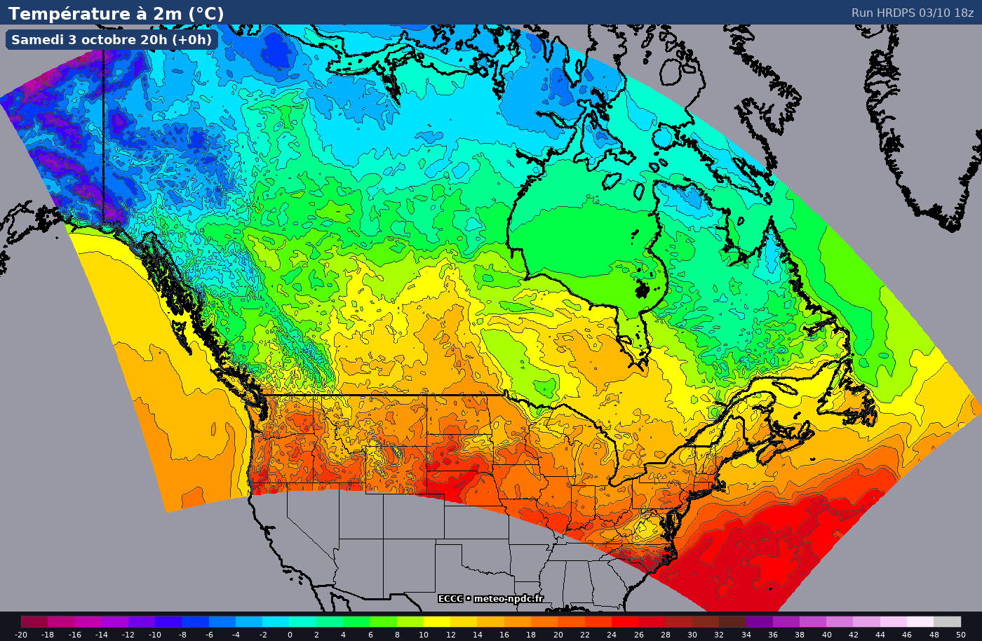 Carte de prévision météo du modèle HRDPS (2.5 km) - Température, précipitations, vent - Environnement Canada