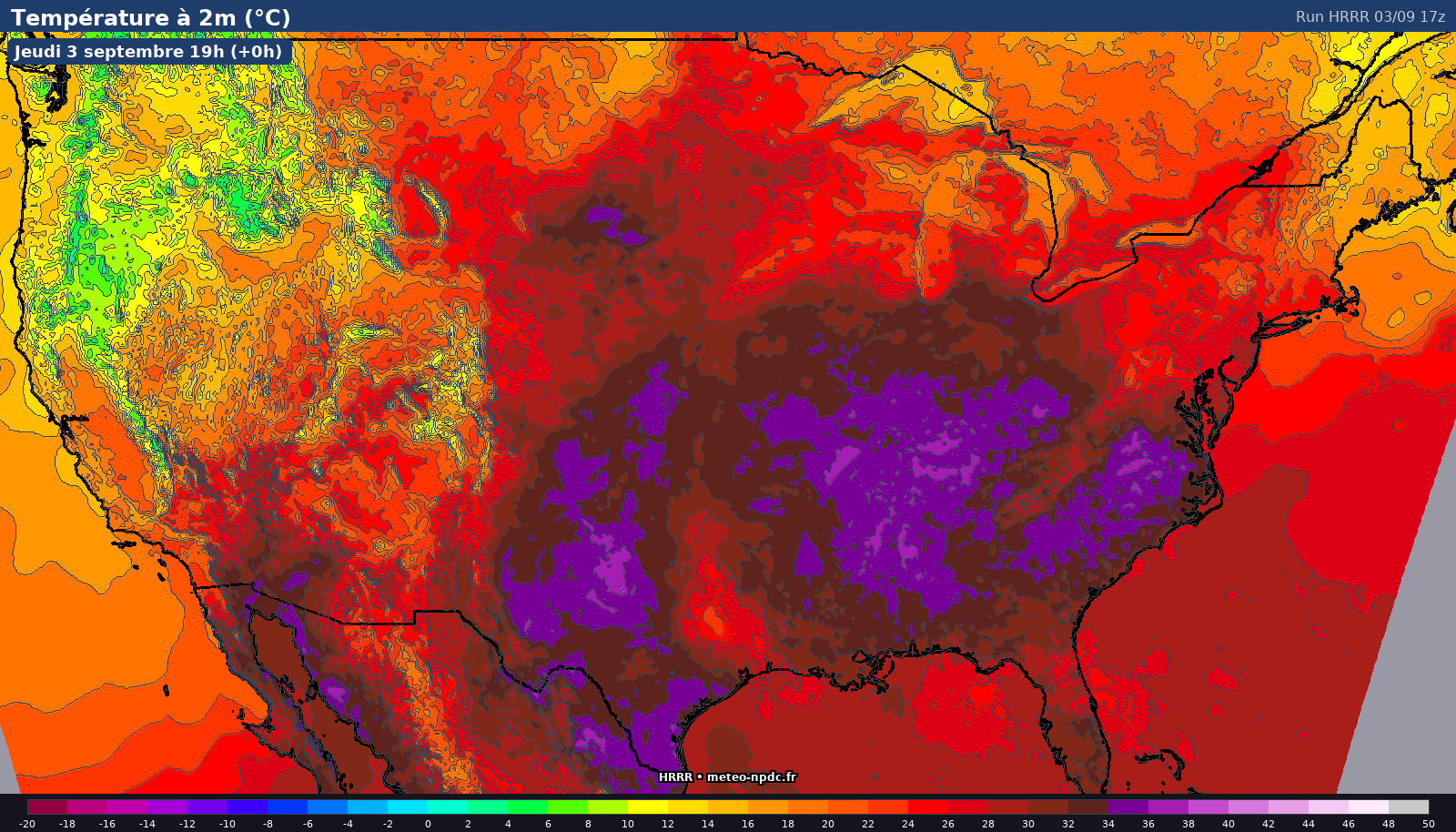 Carte de prévision météo du modèle HRRR (3 km) - Température, précipitations, vent - NOAA