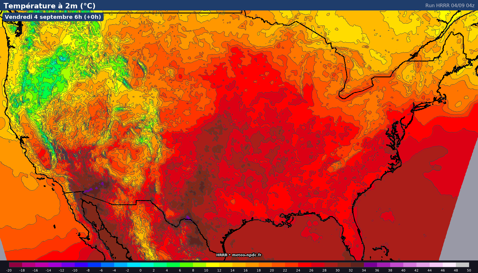Carte de prévision météo du modèle HRRR (3 km) - Température, précipitations, vent - NOAA