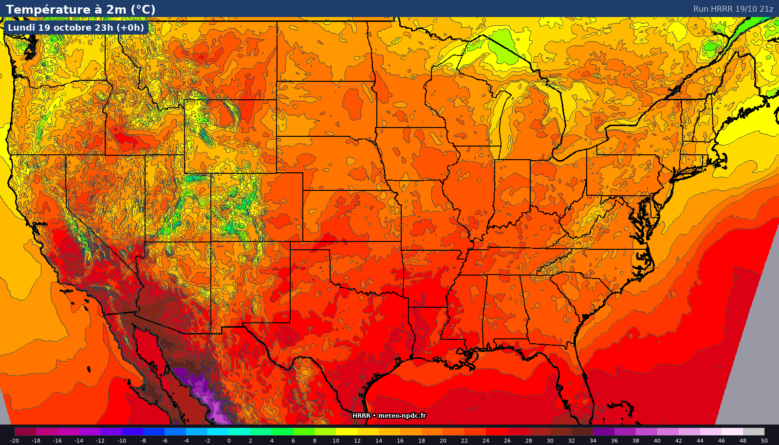Carte de prévision météo du modèle HRRR (3 km) - Température, précipitations, vent - NOAA