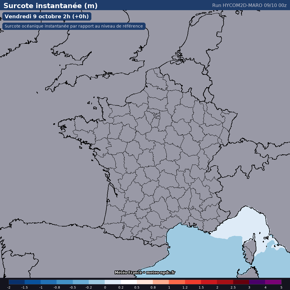 Carte de prévision météo du modèle HYCOM2D-MARO (côtier) - Température, précipitations, vent - Météo-France