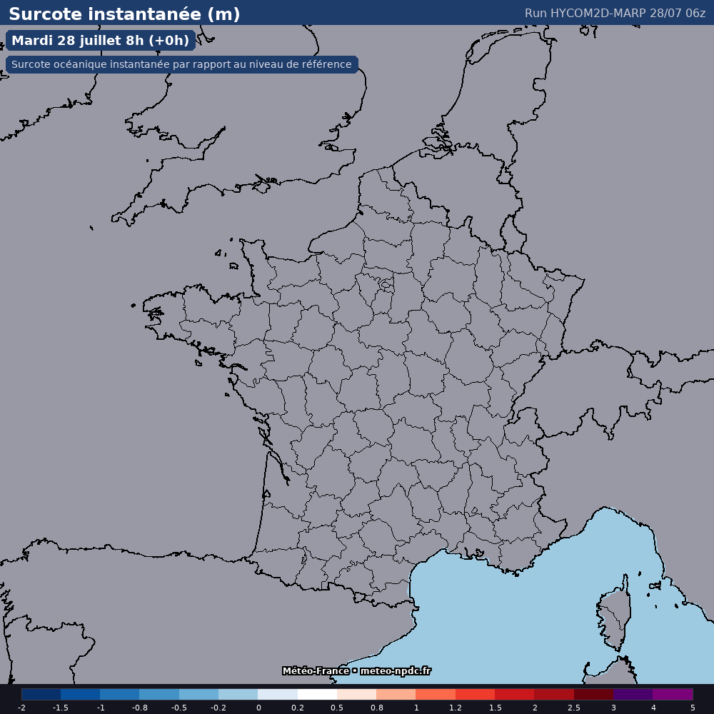Carte de prévision météo du modèle HYCOM2D-MARP (côtier) - Température, précipitations, vent - Météo-France