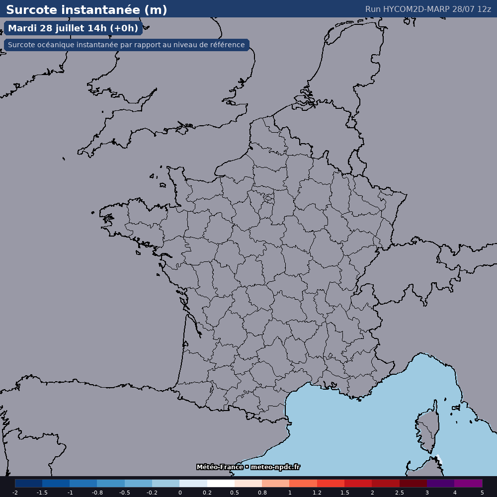 Carte de prévision météo du modèle HYCOM2D-MARP (côtier) - Température, précipitations, vent - Météo-France