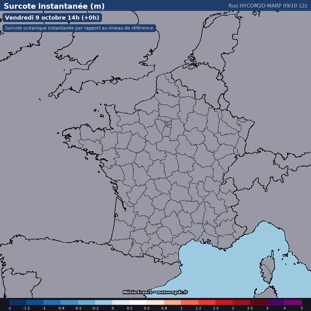 Carte de prévision météo du modèle HYCOM2D-MARP (côtier) - Température, précipitations, vent - Météo-France