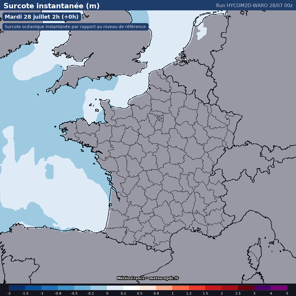 Carte de prévision météo du modèle HYCOM2D-WARO (côtier) - Température, précipitations, vent - Météo-France