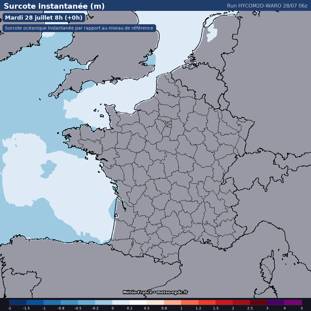 Carte de prévision météo du modèle HYCOM2D-WARO (côtier) - Température, précipitations, vent - Météo-France