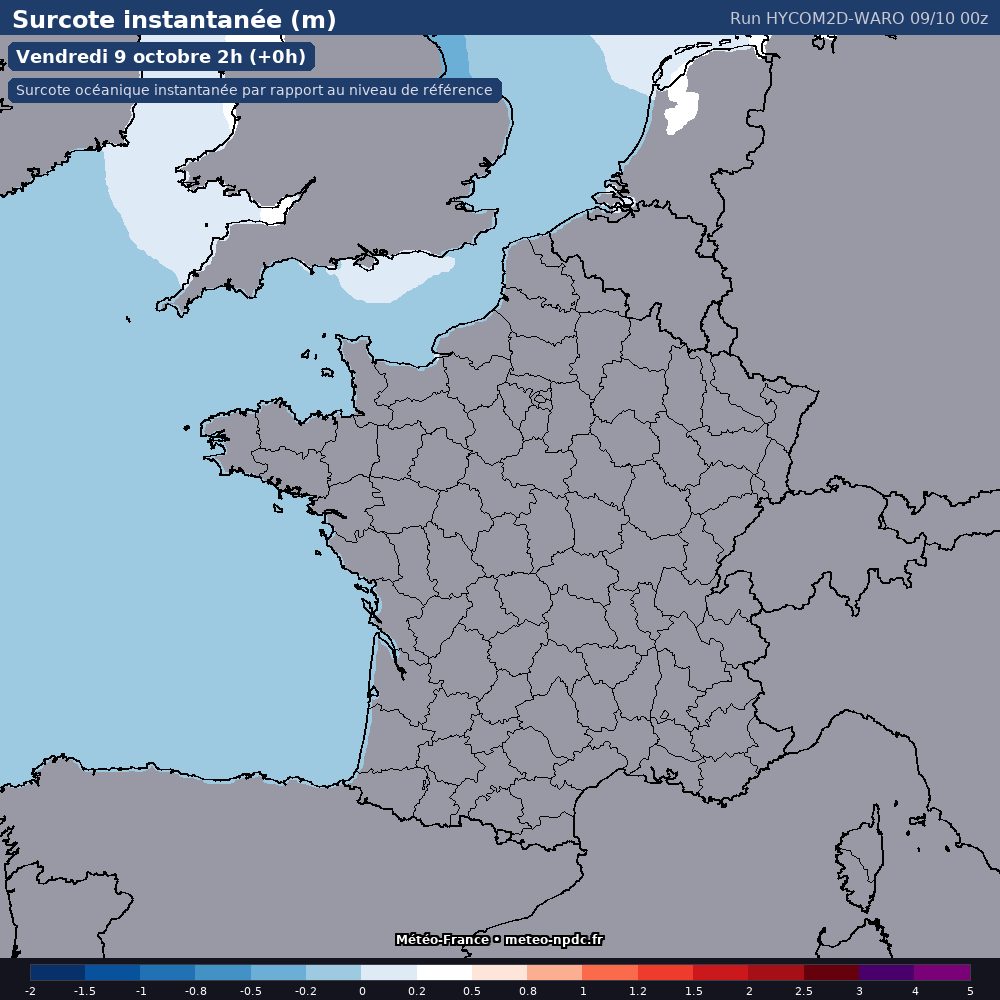 Carte de prévision météo du modèle HYCOM2D-WARO (côtier) - Température, précipitations, vent - Météo-France