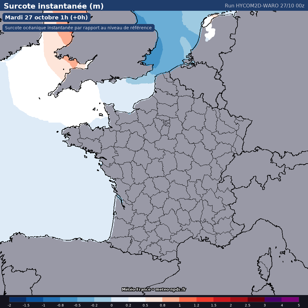 Carte de prévision météo du modèle HYCOM2D-WARO (côtier) - Température, précipitations, vent - Météo-France