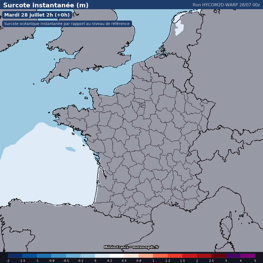 Carte de prévision météo du modèle HYCOM2D-WARP (côtier) - Température, précipitations, vent - Météo-France