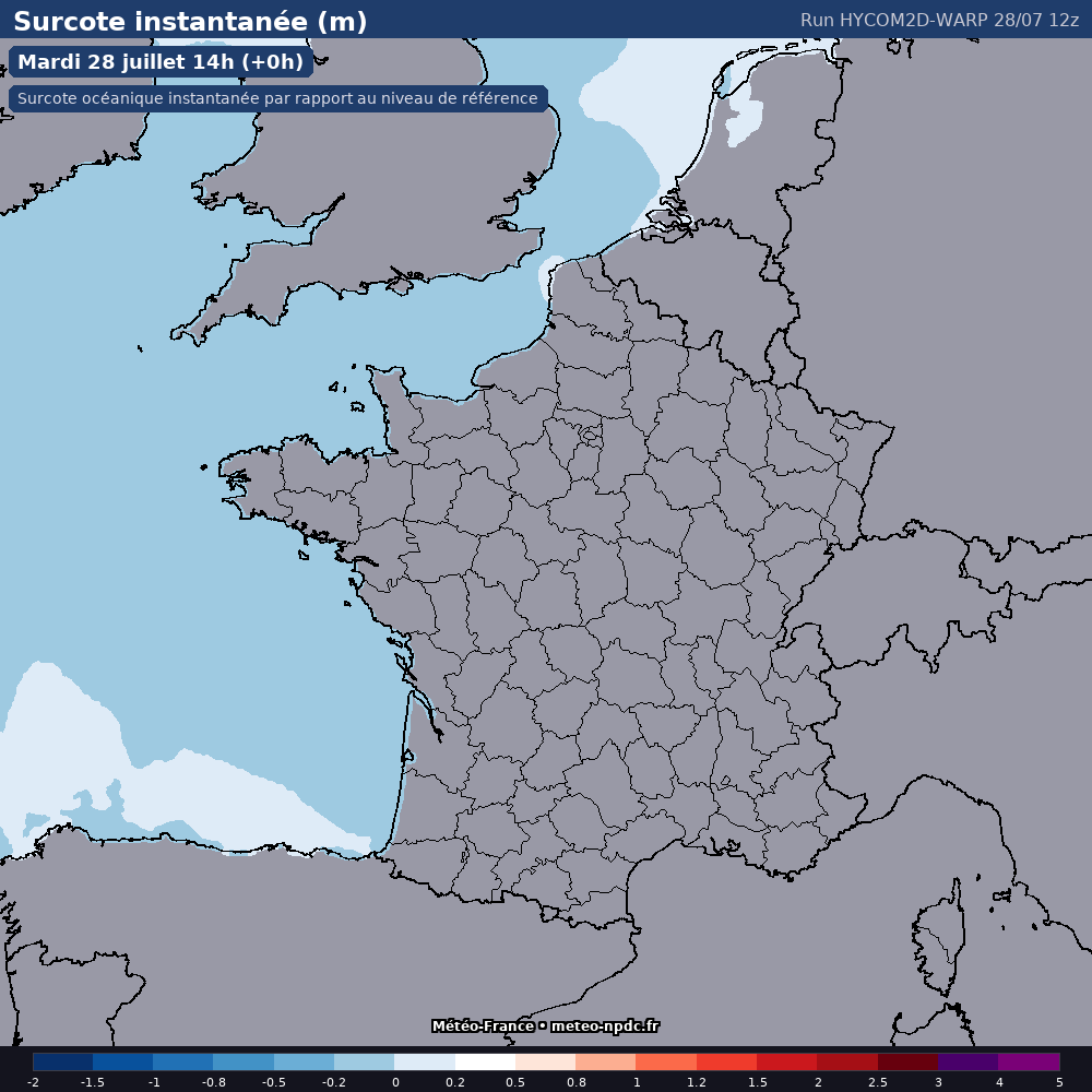 Carte de prévision météo du modèle HYCOM2D-WARP (côtier) - Température, précipitations, vent - Météo-France