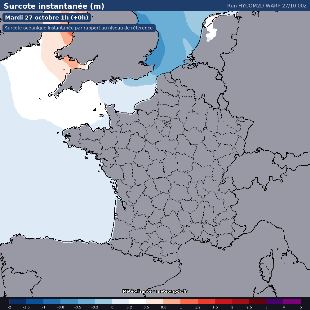 Carte de prévision météo du modèle HYCOM2D-WARP (côtier) - Température, précipitations, vent - Météo-France