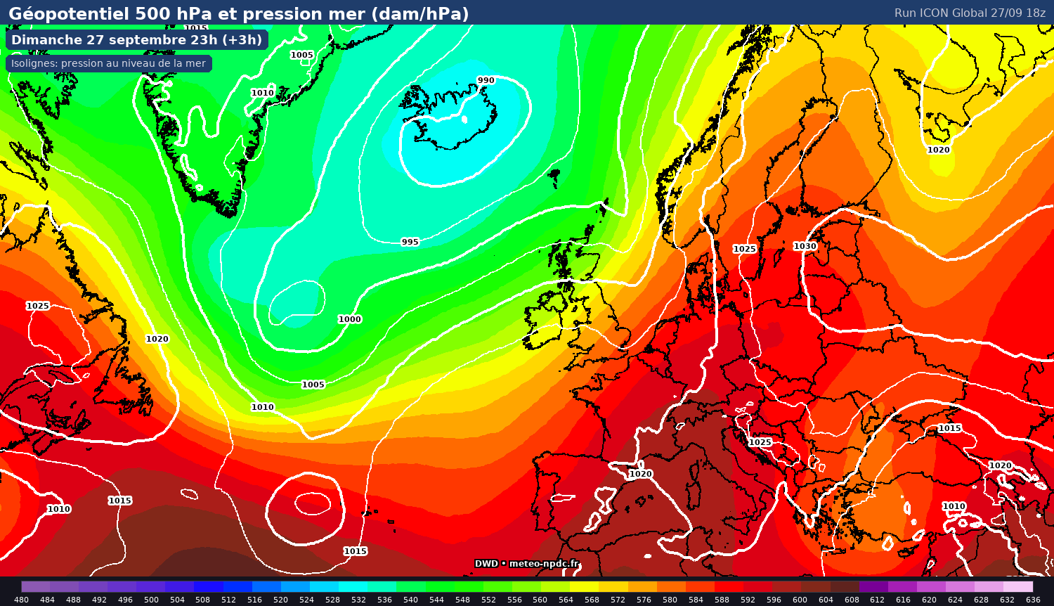 Carte de prévision météo du modèle ICON-GLOBAL (13 km) - Température, précipitations, vent - DWD