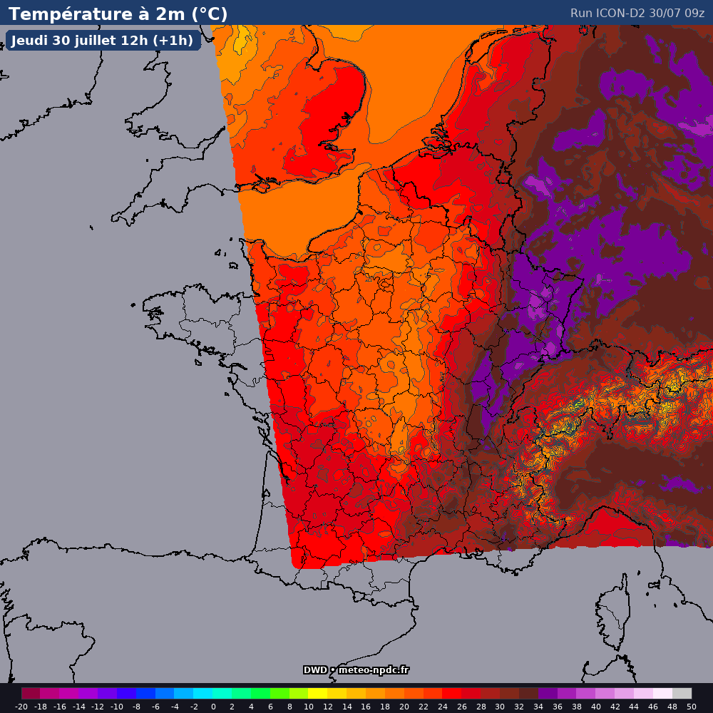Carte de prévision météo du modèle ICON-D2 (2.5 km) - Température, précipitations, vent - DWD