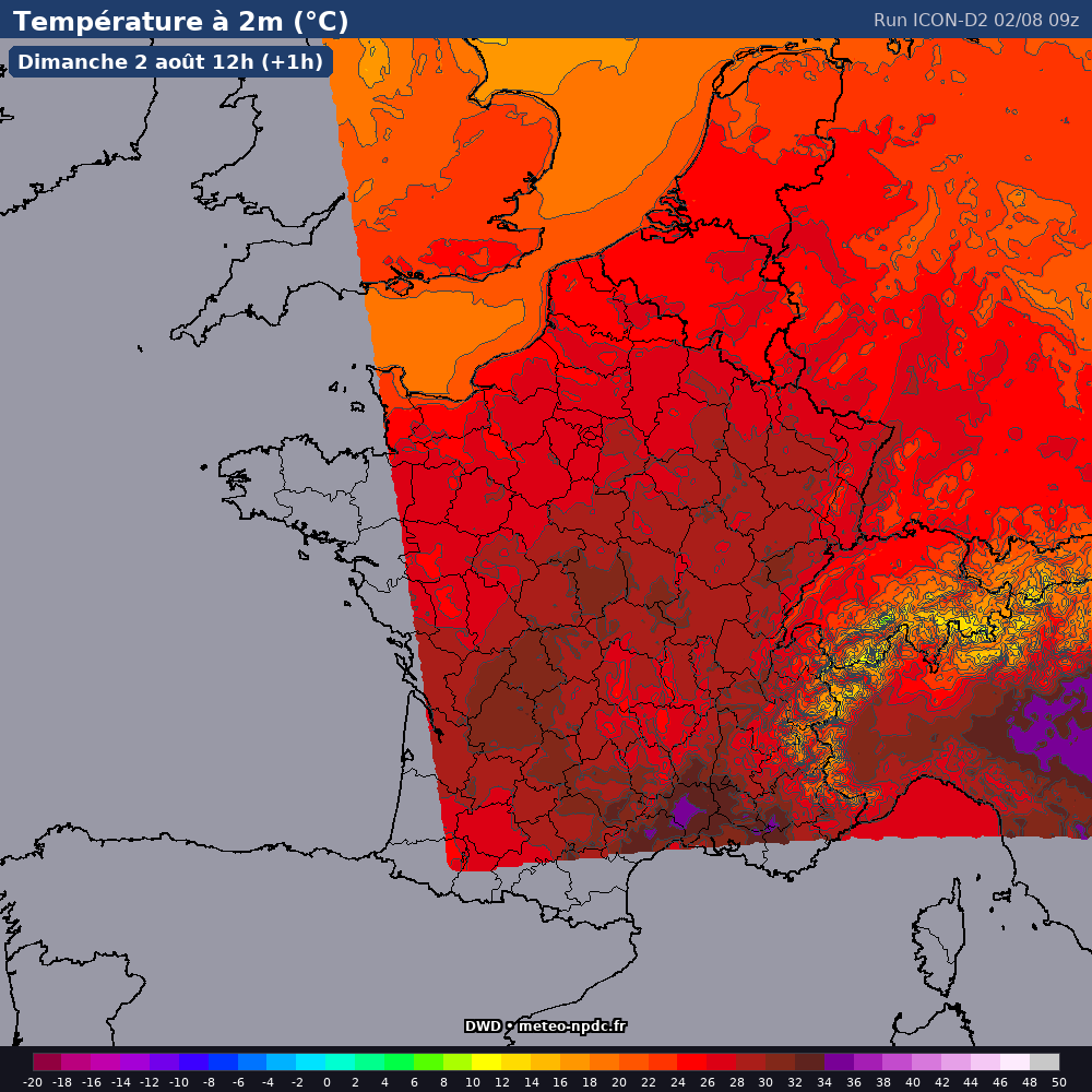 Carte de prévision météo du modèle ICON-D2 (2.5 km) - Température, précipitations, vent - DWD