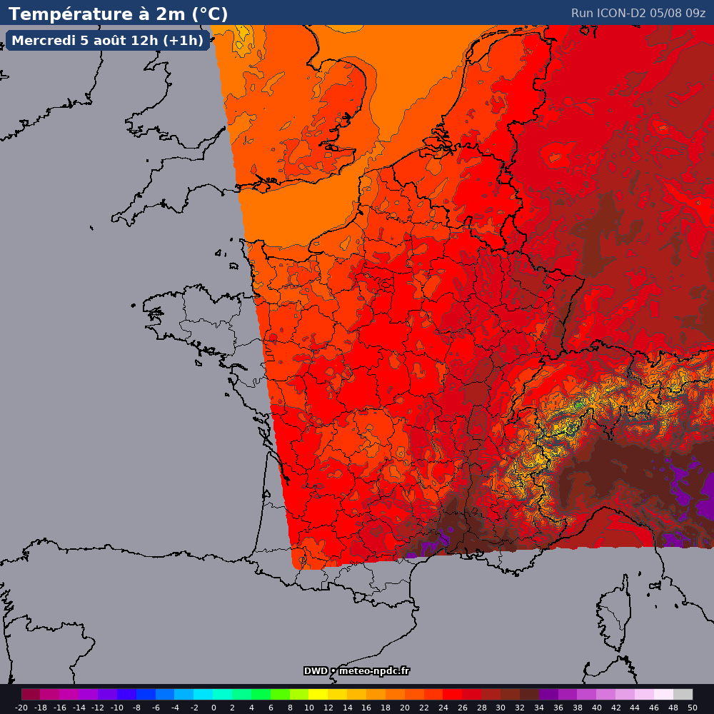 Carte de prévision météo du modèle ICON-D2 (2.5 km) - Température, précipitations, vent - DWD