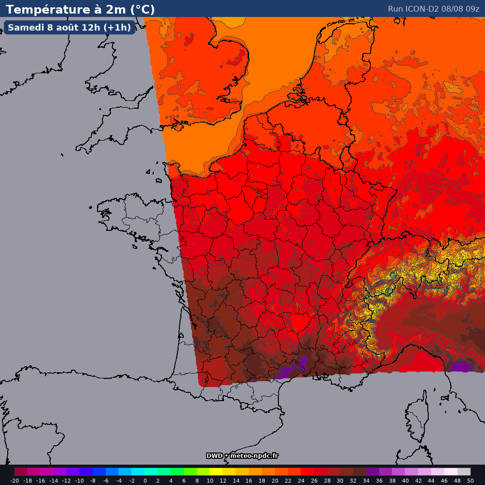 Carte de prévision météo du modèle ICON-D2 (2.5 km) - Température, précipitations, vent - DWD