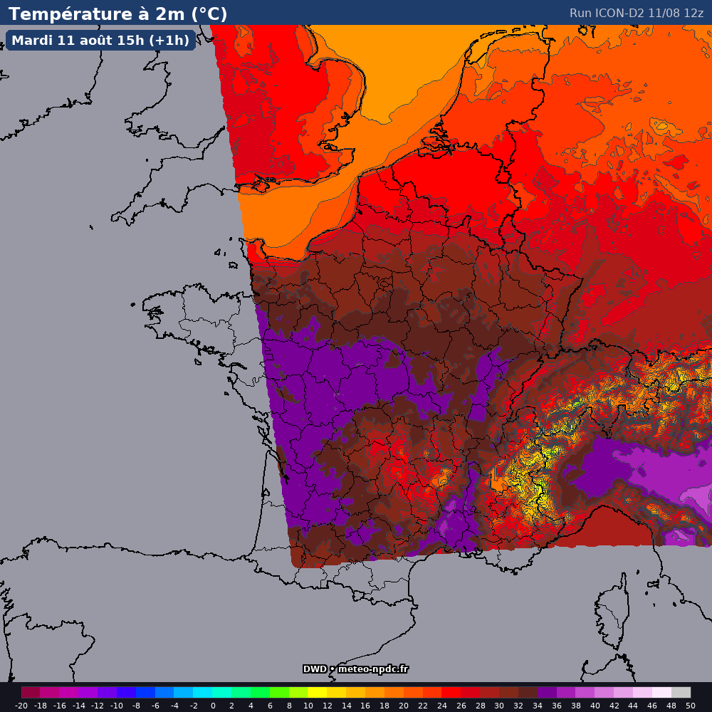 Carte de prévision météo du modèle ICON-D2 (2.5 km) - Température, précipitations, vent - DWD